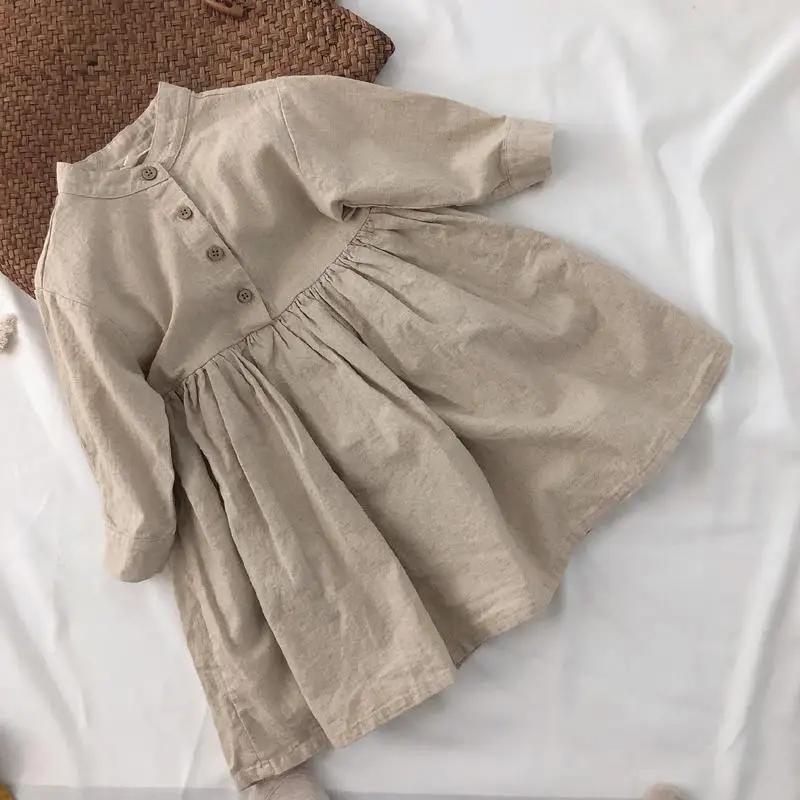 2023 Spring Summer New Children Girls Dress Cute Long Sleeve Cotton and Linen Casual Kids Clothes