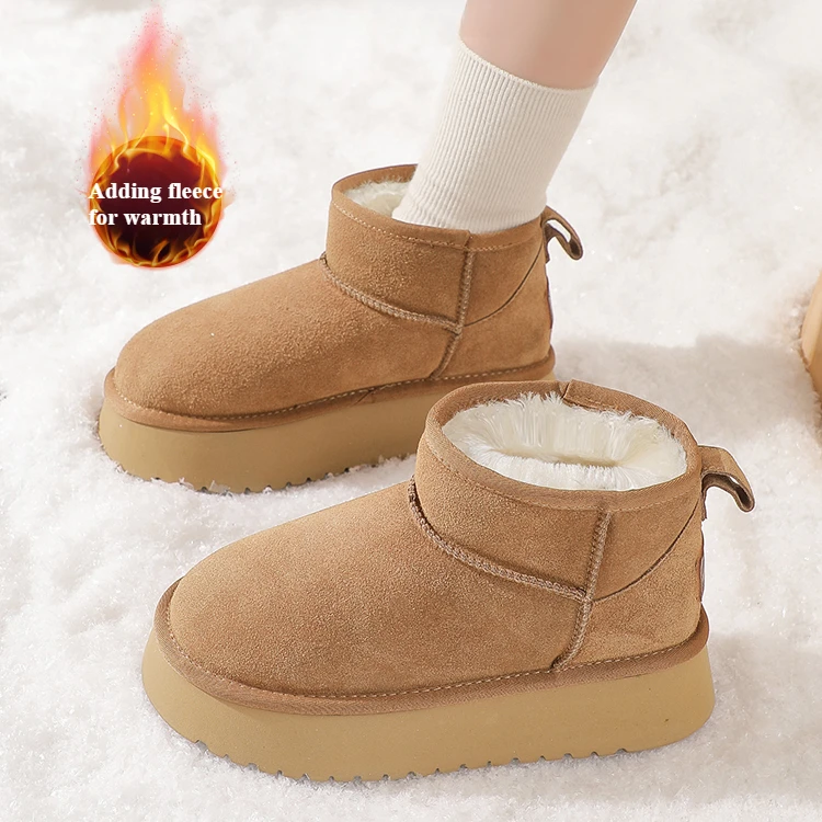 Snow Boots Women's Winter Short Tube Boots Piled Thickened Cotton Shoes Thick Sole Large Bread Shoes Platform Skeepskin Boot