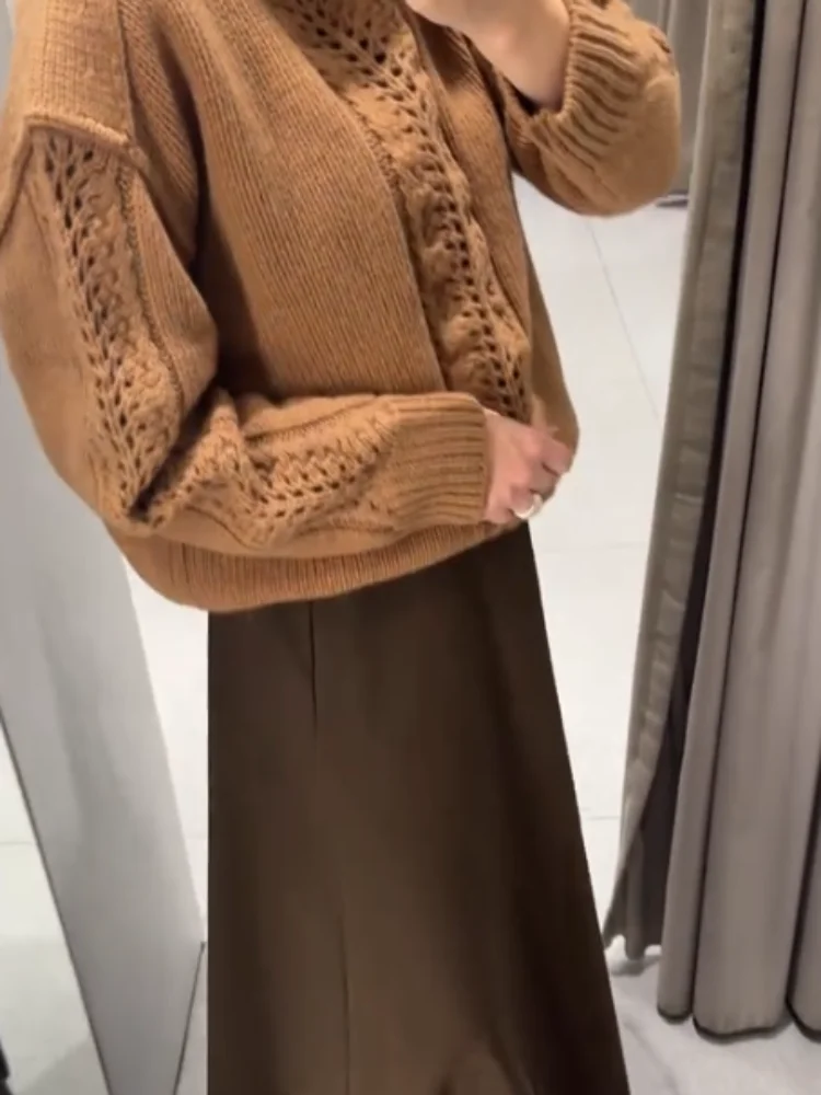 

Женский коричневый пуловер с высоким воротником и высоким воротником, повседневный свободный короткий вязаный свитер с длинными рукавами, женские повседневные офисные пуловеры