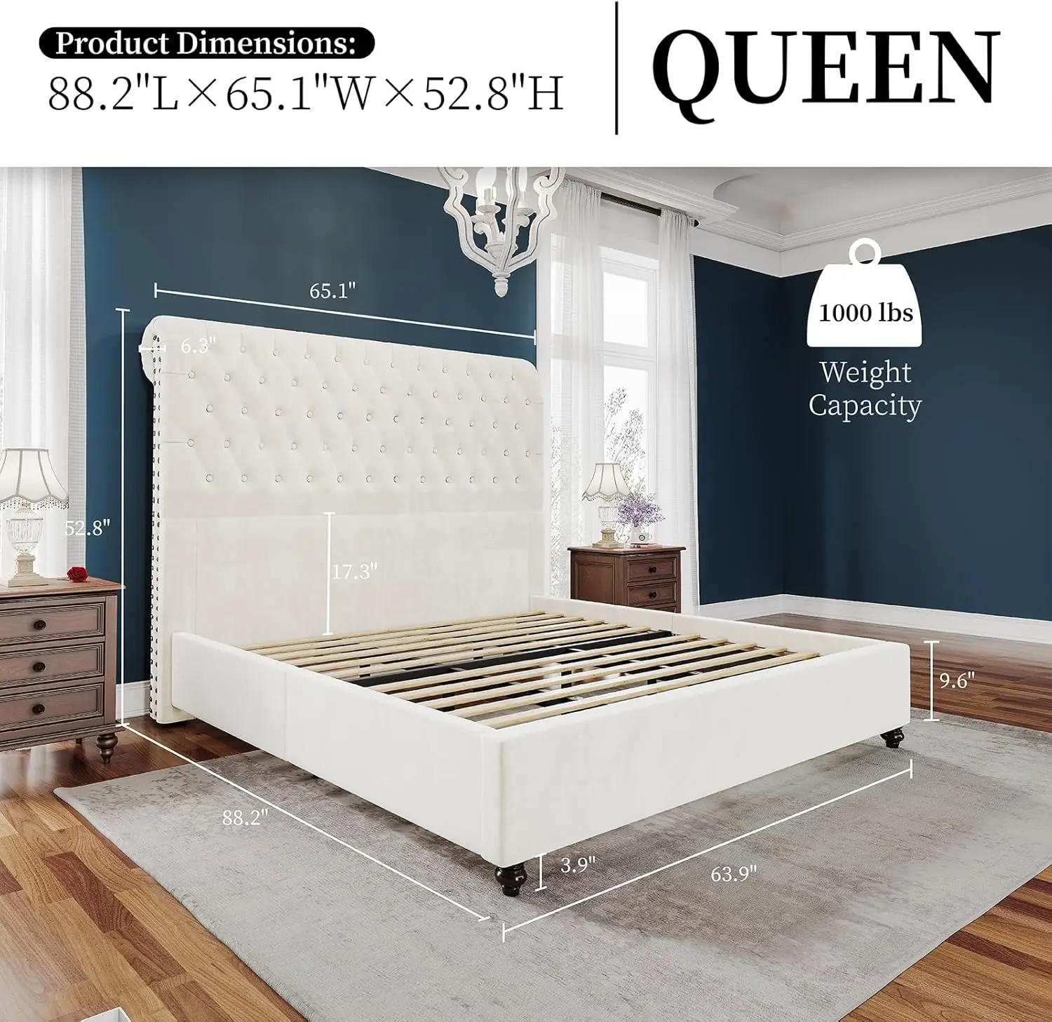 Bed Frame Queen Size Upholstered Platform Bed with 52.8'' Tall Sleigh Headboard, Button Tufted, No Box Spring Needed