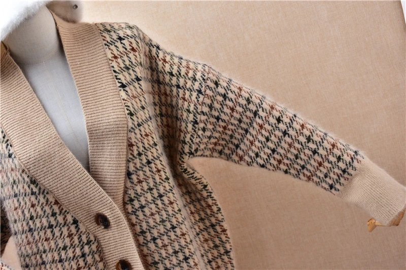 Frauen Mujer Herbst Winter Dicke Warme Plaid Haarigen Angora Kaninchen Haar Gestrickte V-ausschnitt Mit Langen Ärmeln Lose Strickjacken Pullover Jacke