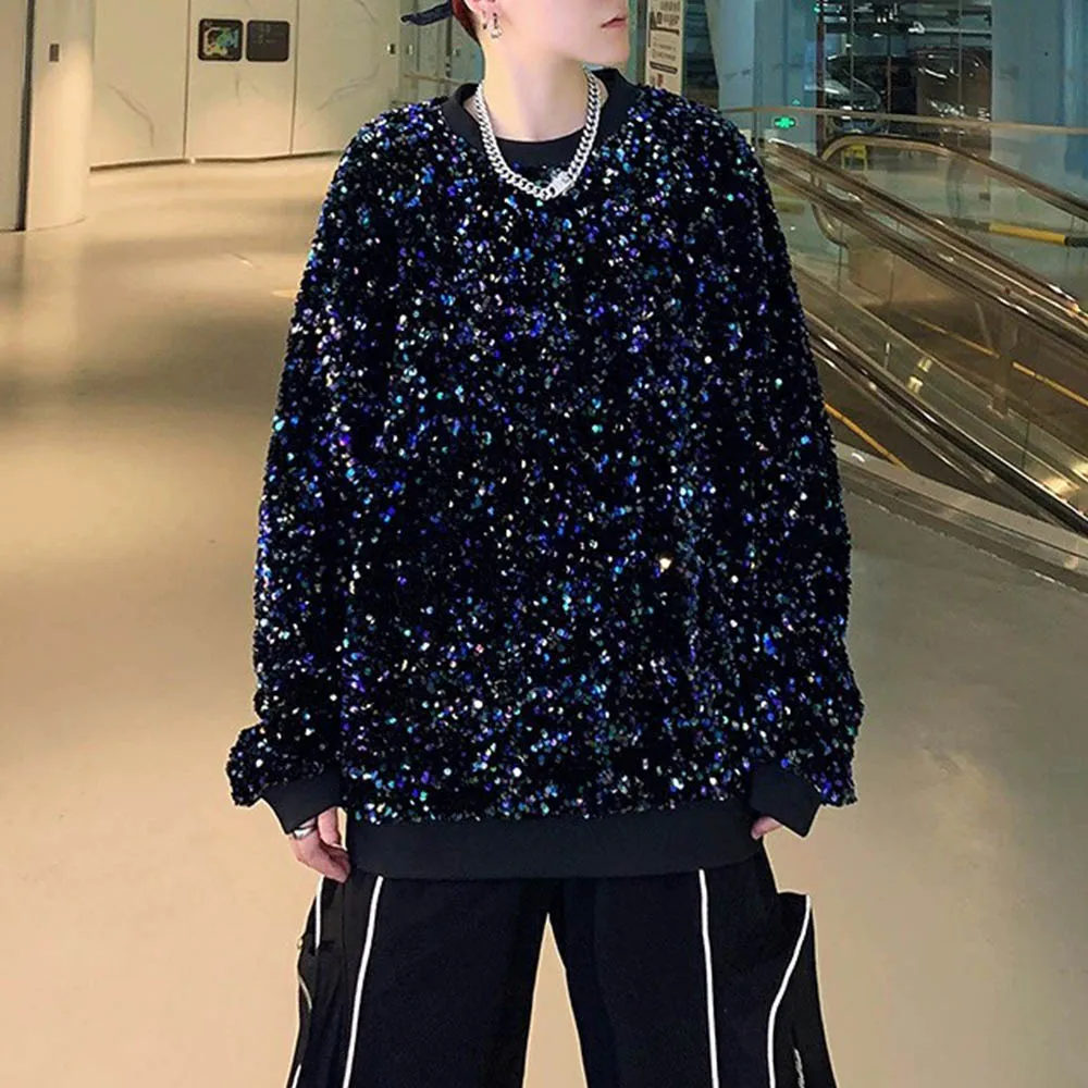 

Мужская толстовка с длинными рукавами и блестками, американский ретро-модный тренд, уличный хип-хоп, свободные нишевые осенние и зимние мужские топы