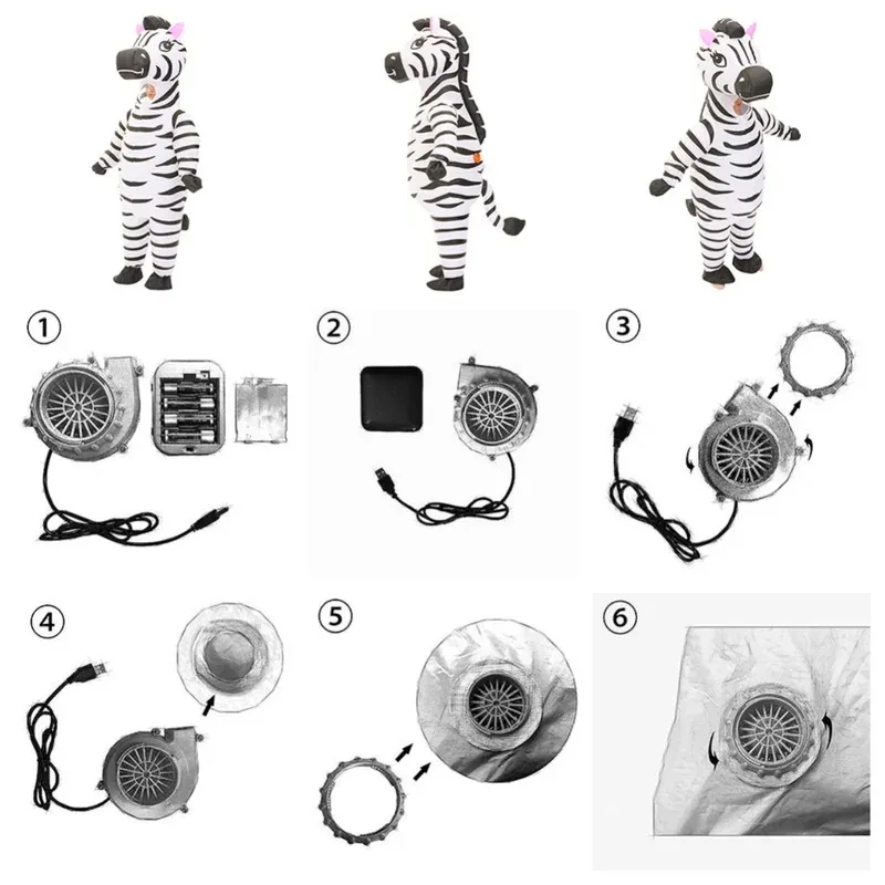 Trajes infláveis de animais fofos para adultos, cosplay de zebra em pé, fantasias interessantes de zebra, fantasias de mascote extravagantes de Halloween Purim