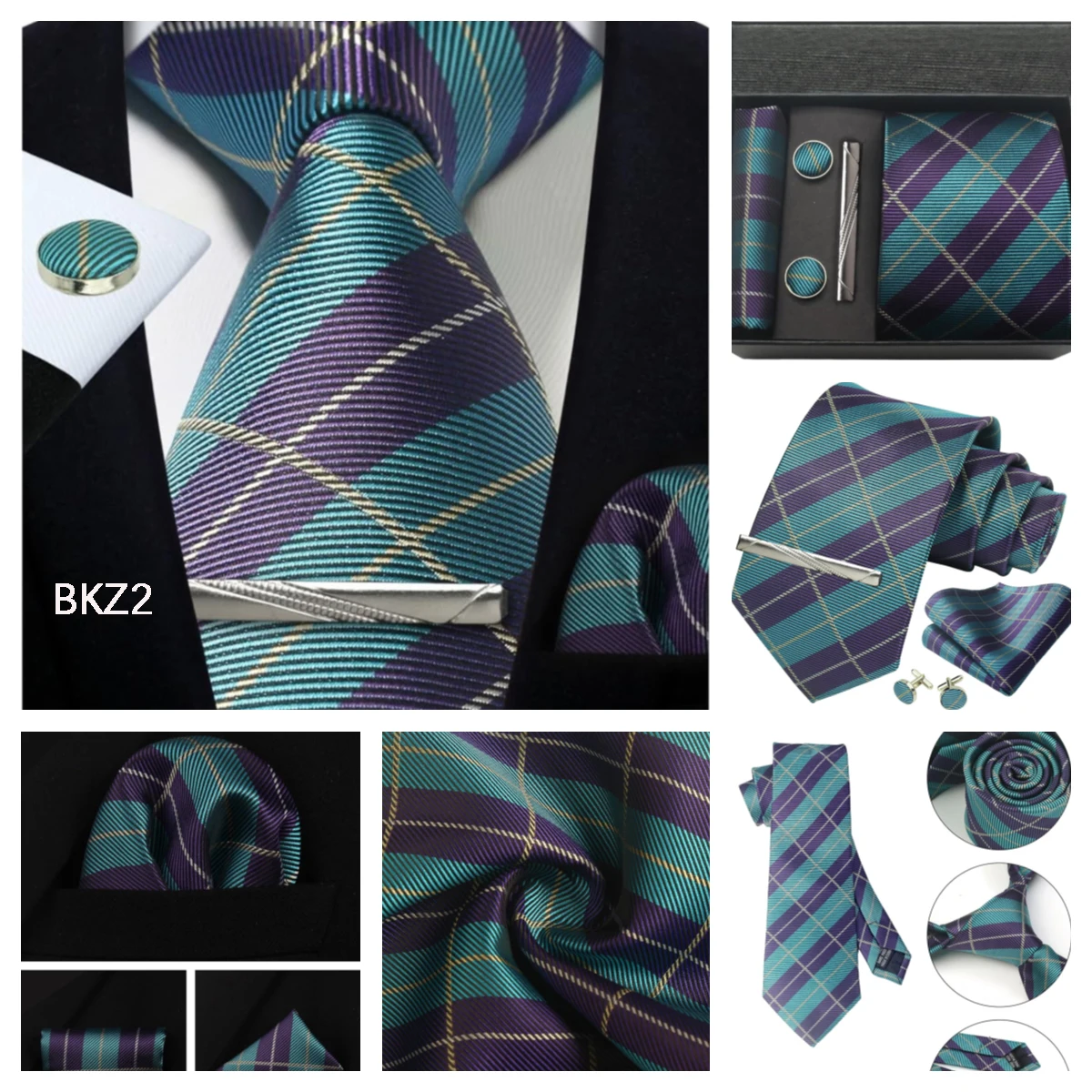 Klassische Herrenkrawatten aus 100 % Seide in Geschenkbox, 8 cm, kariert, gepunktet, gestreift, Business-Krawatte, Einstecktuch, Manschettenknöpfe, Hochzeitskrawatten-Set – Detail 26