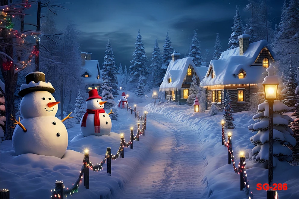 Snowman Street Background Winter Christmas Street Lamp Forest House Snowy Xmas Tree Outdoor Party Children Family Photo Backdrop