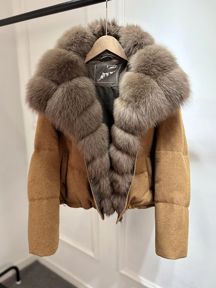 2026 Luxury Winter 90% White Duck Down Wool Blends Jacket Women Real Natural Huge Fox Fur Thickened Warm Puffer Wool Down Coat