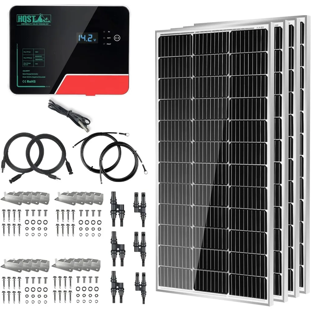 Kit de panel solar de 400 vatios, 4 paneles solares monocristalinos de celda 9BB con controlador de carga solar MPPT de 12V/24V 40A