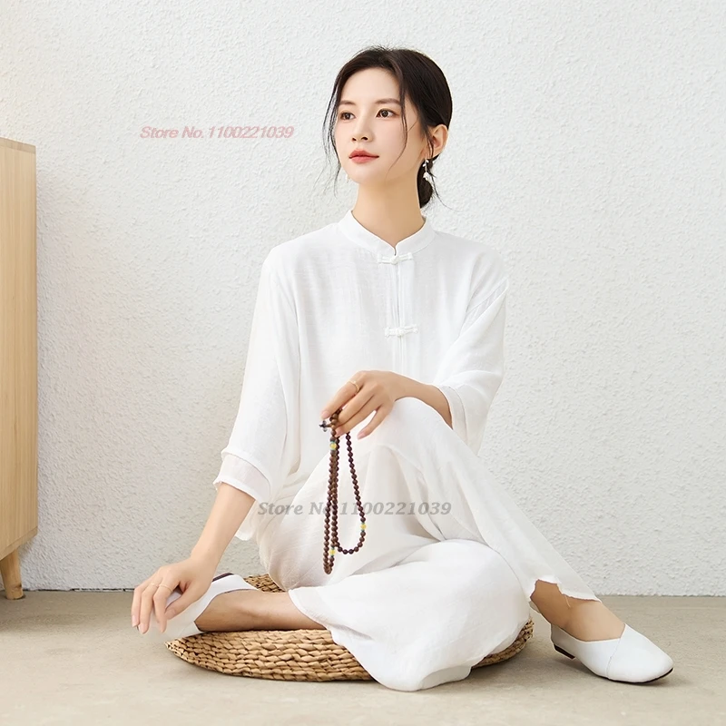 2024 traditionele chinese vintage set retro theeservies meditatie hanfu outdoor wandelen ademend katoen linnen tops + broek set