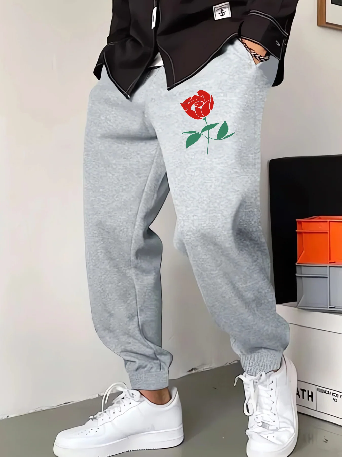 Romantic‑aesthetic red rose flower leaf graphic print stylish tapered sweatpants men hip hop sports jogger trousers soft texture