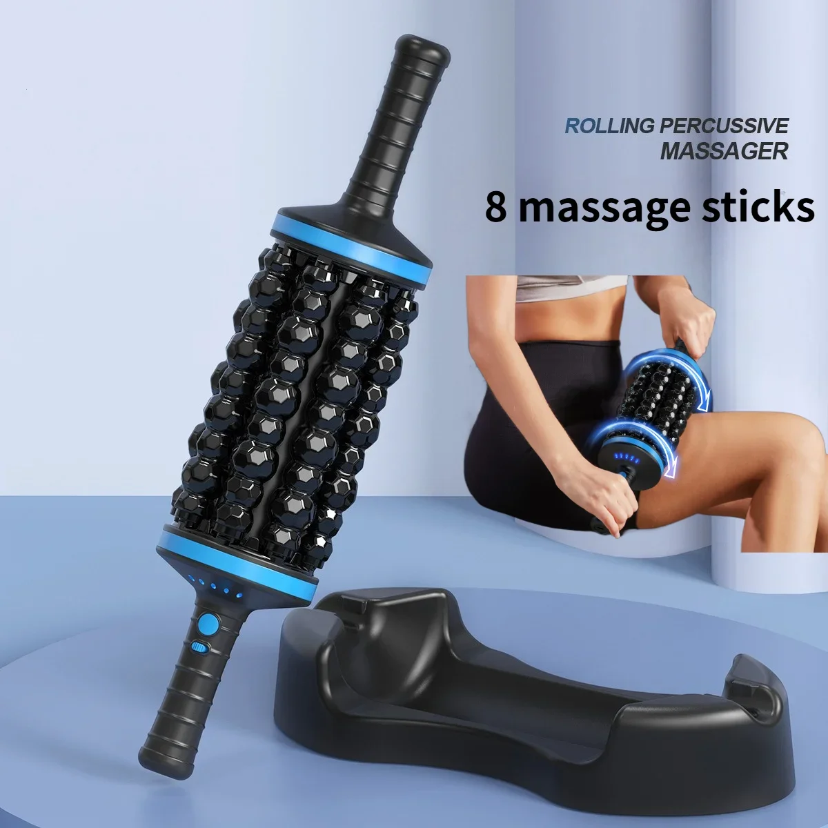 Cordless Vibrating Massage Roller 8-Stick Deep Tissue Muscle Massager Rechargeable 360° Rolling Massage Tool for Full Body