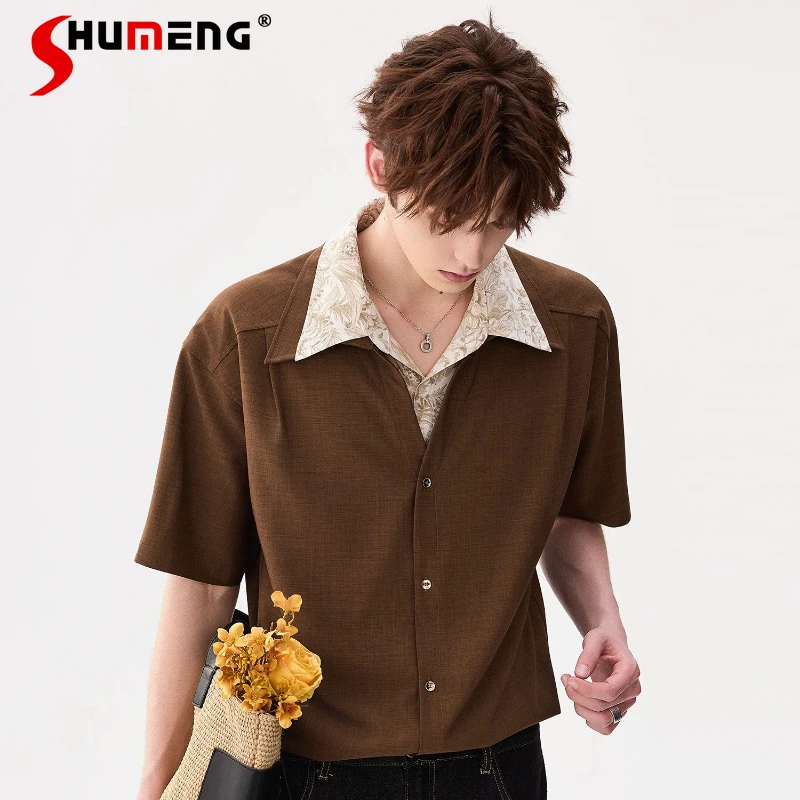 

Men's 2026 Spring New Shirts Fashion Men's Double Collar Faux Two Piece Splicing Shirts Male Short Sleeve Handsome Stylish Tops