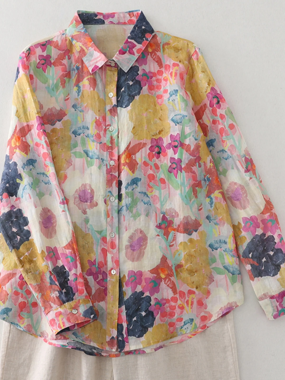 

Японский льняной топ с цветочным принтом, тонкий летний осенний женский топ, свободный крой, длинный све, повседневный топ на пуговицах