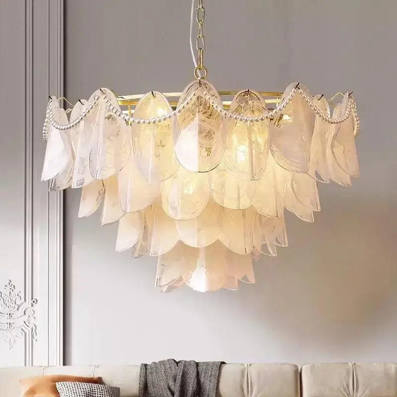 

White Round Decorative Chandelier French Modern Luxury Pearl Chain Glass Leaf Chandelier