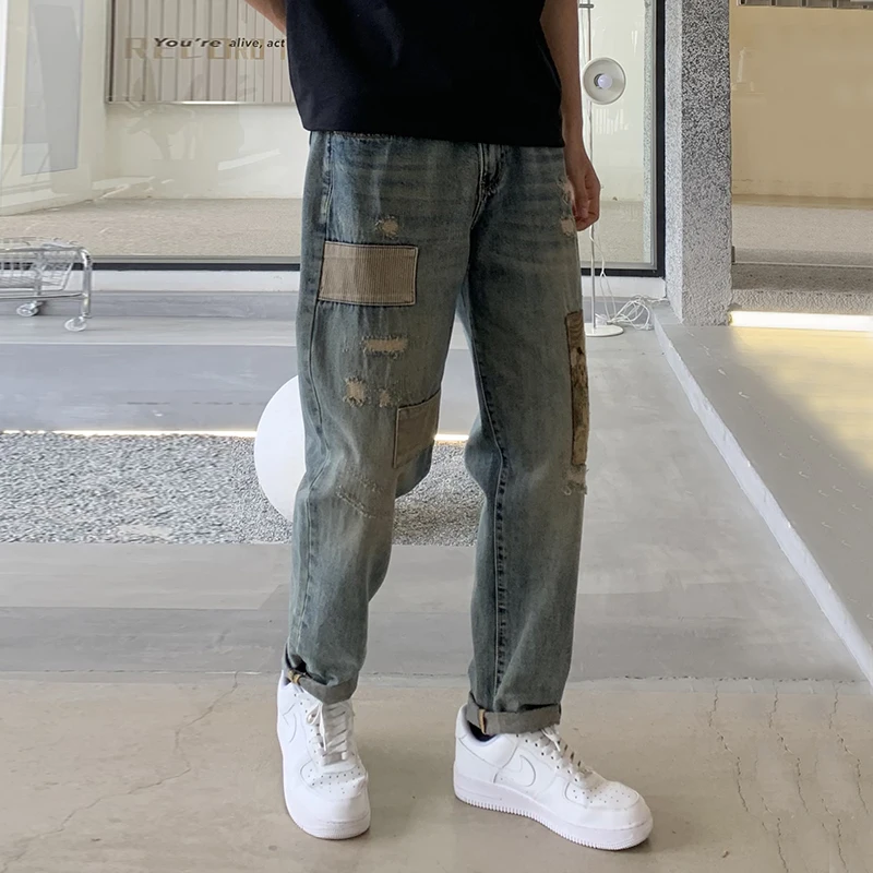 High Street Retro Fashion Brand 2024 New Ripped Jeans Men's Street Fashion Hip Hop Style Personality Patch Loose Trousers