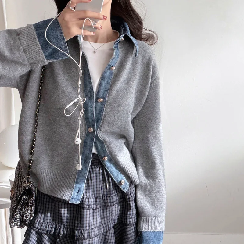 Women's Knitted Sweater Autumn Winter Chic Denim Patchwork Slimming High-End Lazy Sle Open-Front Knitwear Top