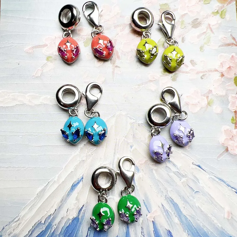 Alien Head Dangle Charm Wisiorek w stylu europejskim Fine Jewelry Kobiety Mężczyźni Modny prezent ze srebra próby 925 — zdjęcie 6