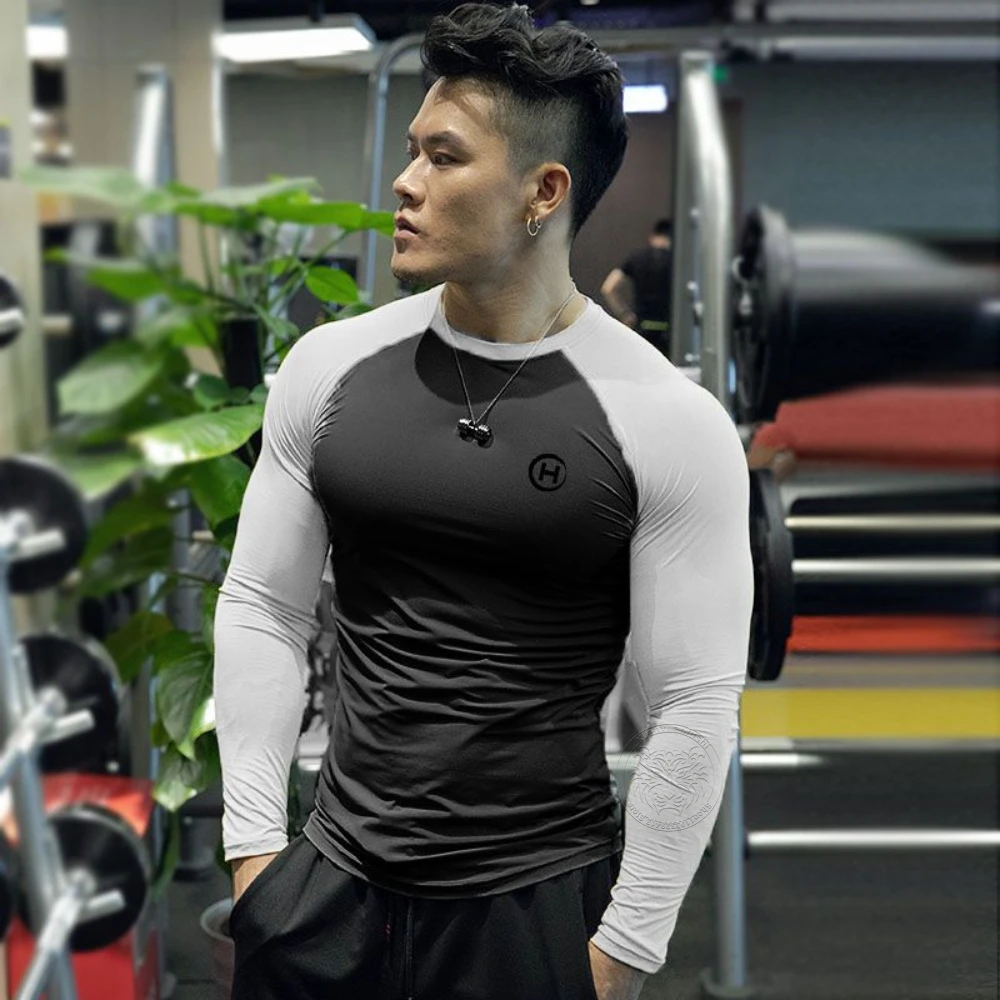 Spring and Summer New Fitness Long-sleeved Men\'s Quick-drying Milk Silk Body Shaping Sports Training Thin Solid Color M-3XL