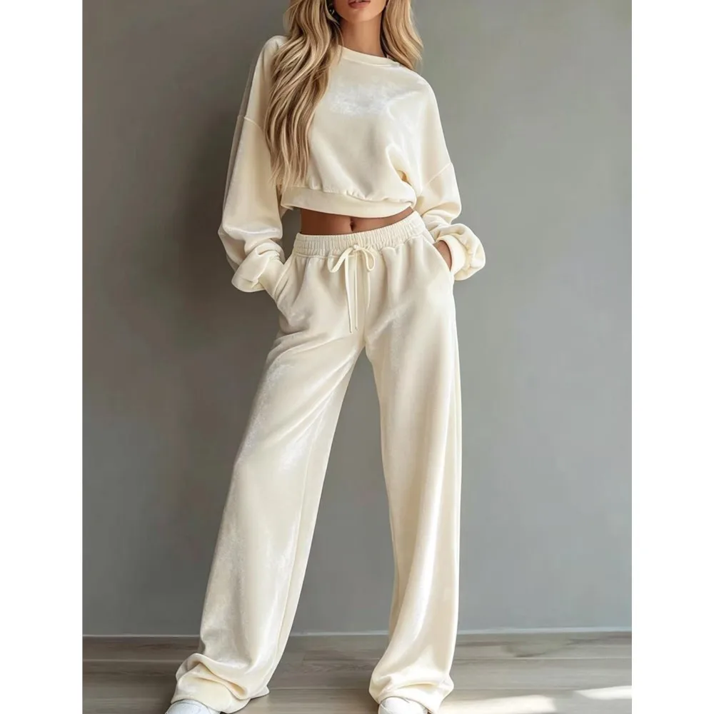 Autumn Winter Velvet Short-Sleeved Fashion O Neck Hoodie Long Pants 2 Piece Set Casual Wide-Fitting Long Pants Women Sports Set