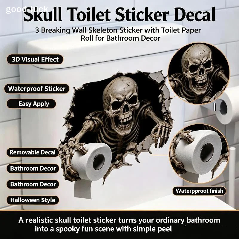 Broken Wall Skeleton Holding Toilet Paper Toilet Tank Sticker Self-Adhesive Removable PVC Spooky Skull Bathroom Decal Wall Deco