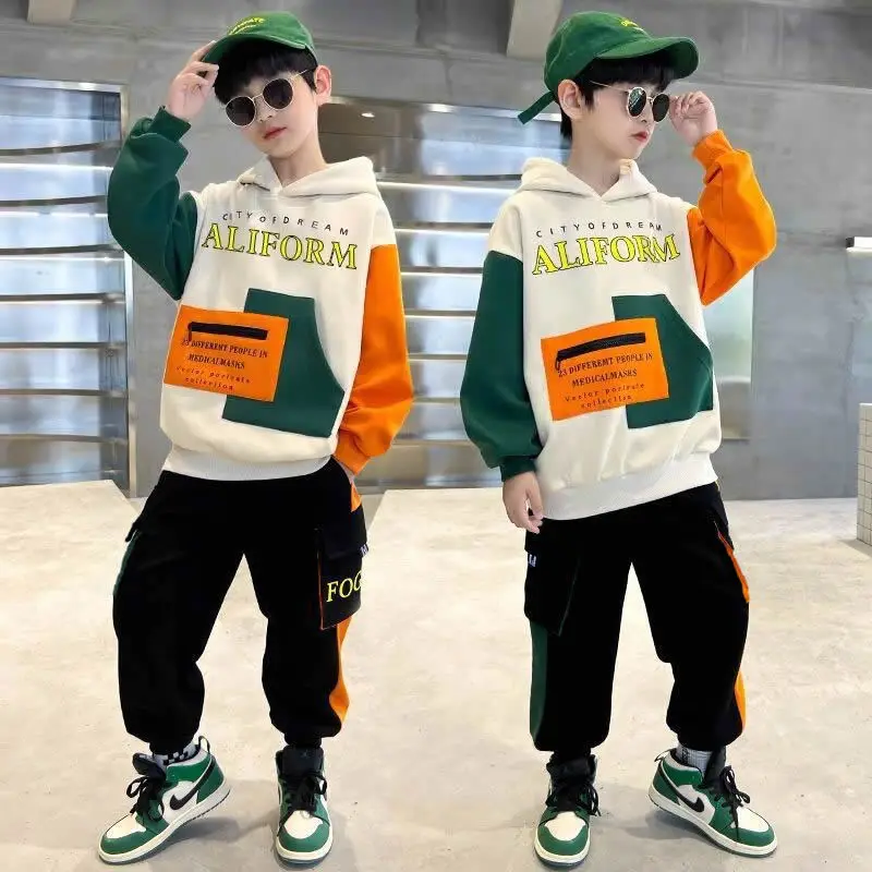 2024 autumn winter Boys Tracksuit Children patchwork letter sweatshirts hooded + ankle tied Pants Suit Clothes Set 8 10 12 Year