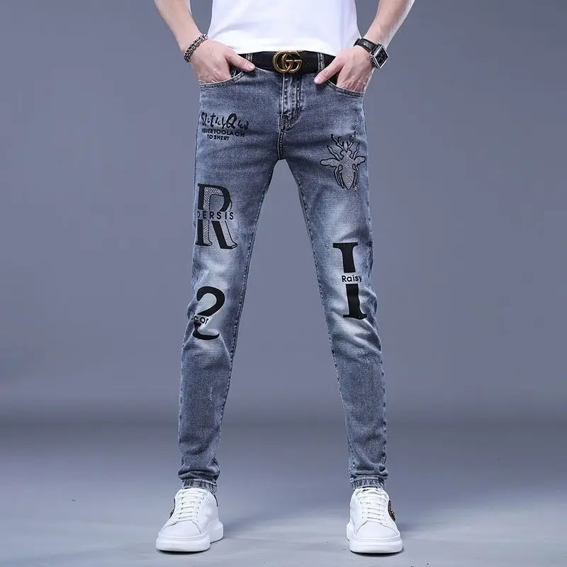 Spring Autumn Hiphop Hot Drill Korean Fashion Luxury Slim Classic Motorcycle Washed Cowboy Pants Streetwear Stretch Pencil Jeans