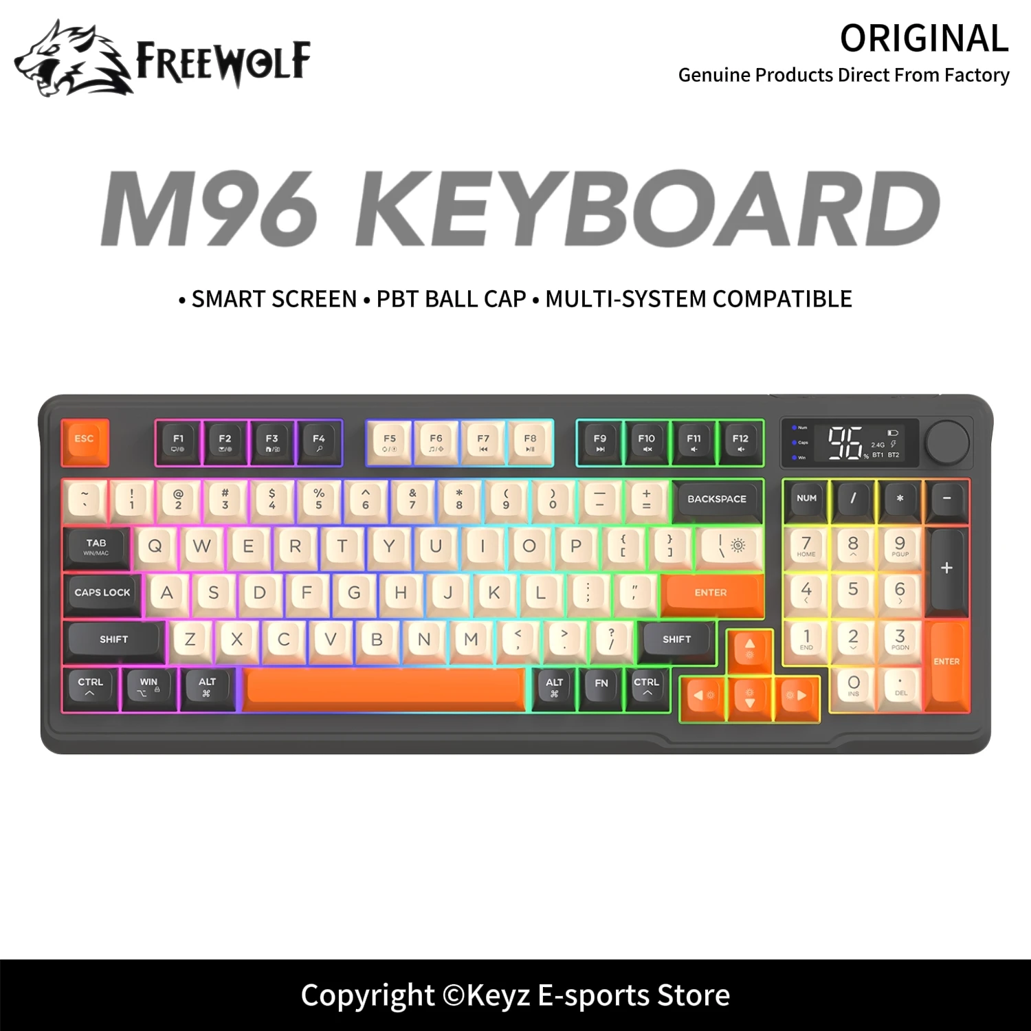 FREEWOLF M96 Wireless Dual Mode Mechanical Keyboard 2.4G Bluetooth 5.0 96 Keys Hot-Swappable PBT Keycaps for E-Sports