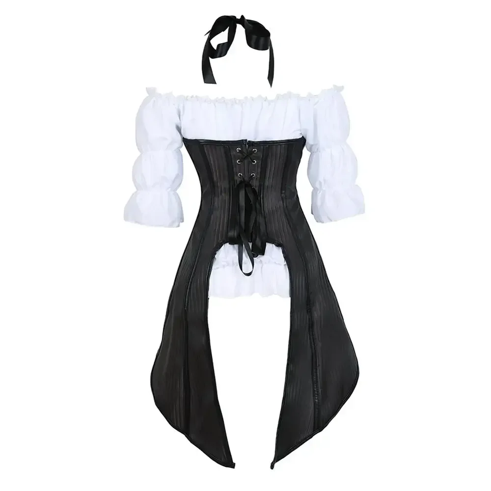 Steampunk Corset Blouse Set Striped Bustier Lace Trim Corsage Underbust Women's Bachelorette Party Outfit Carnival Costumes