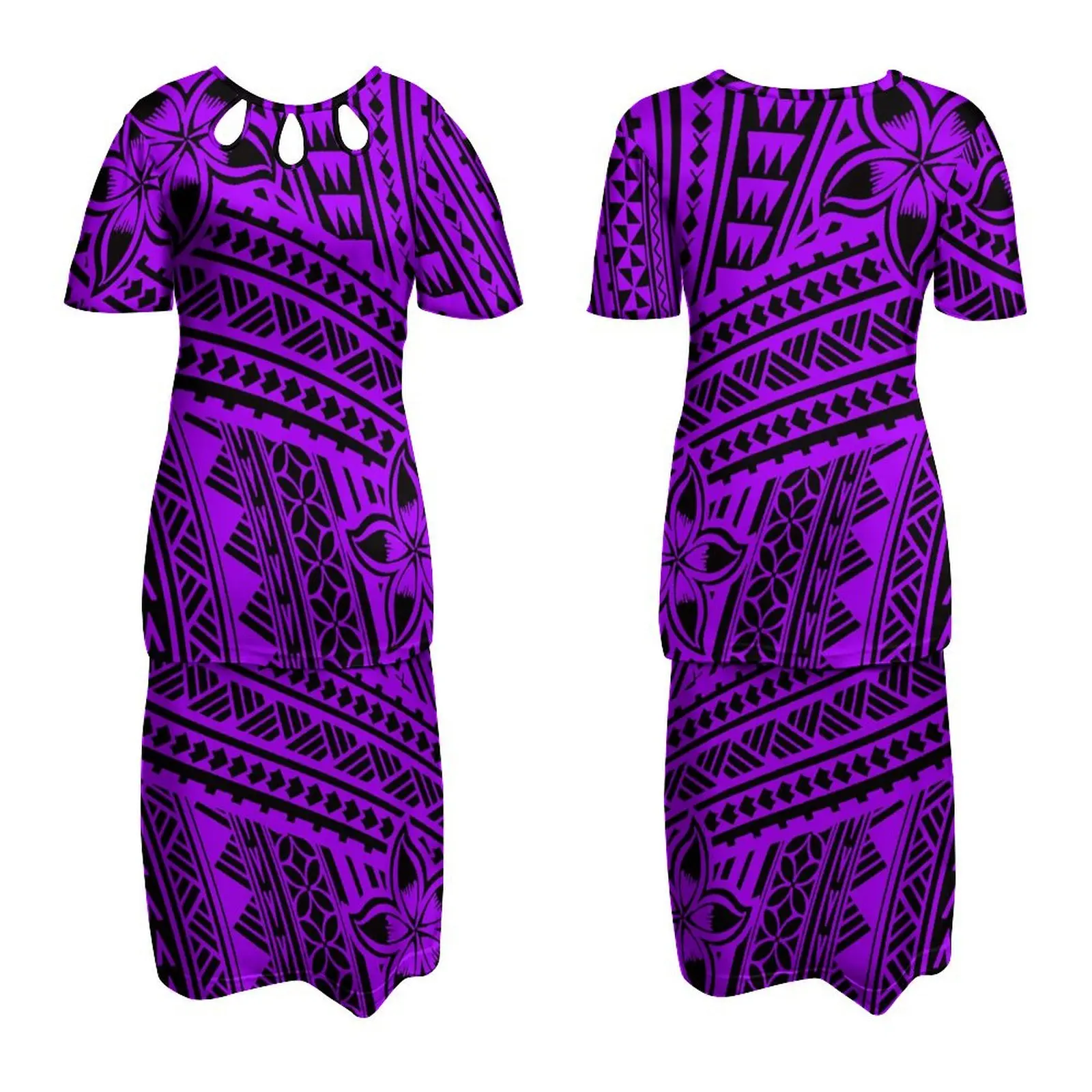 Best Price Wholesale Customized Pacific Island Art Design Lady Round Neck Dress Polyensian Puletasi Half Sleeve Dresses 2pcs