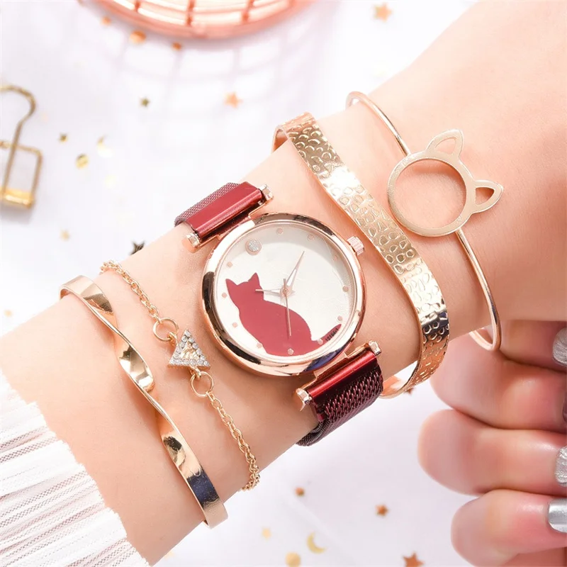 5pcs Set Luxury Women Watches Rose Gold Bracelet Set Cat Pattern Magnet Quartz Watch Ladies Bracelet Wristwatch Relogio Feminino