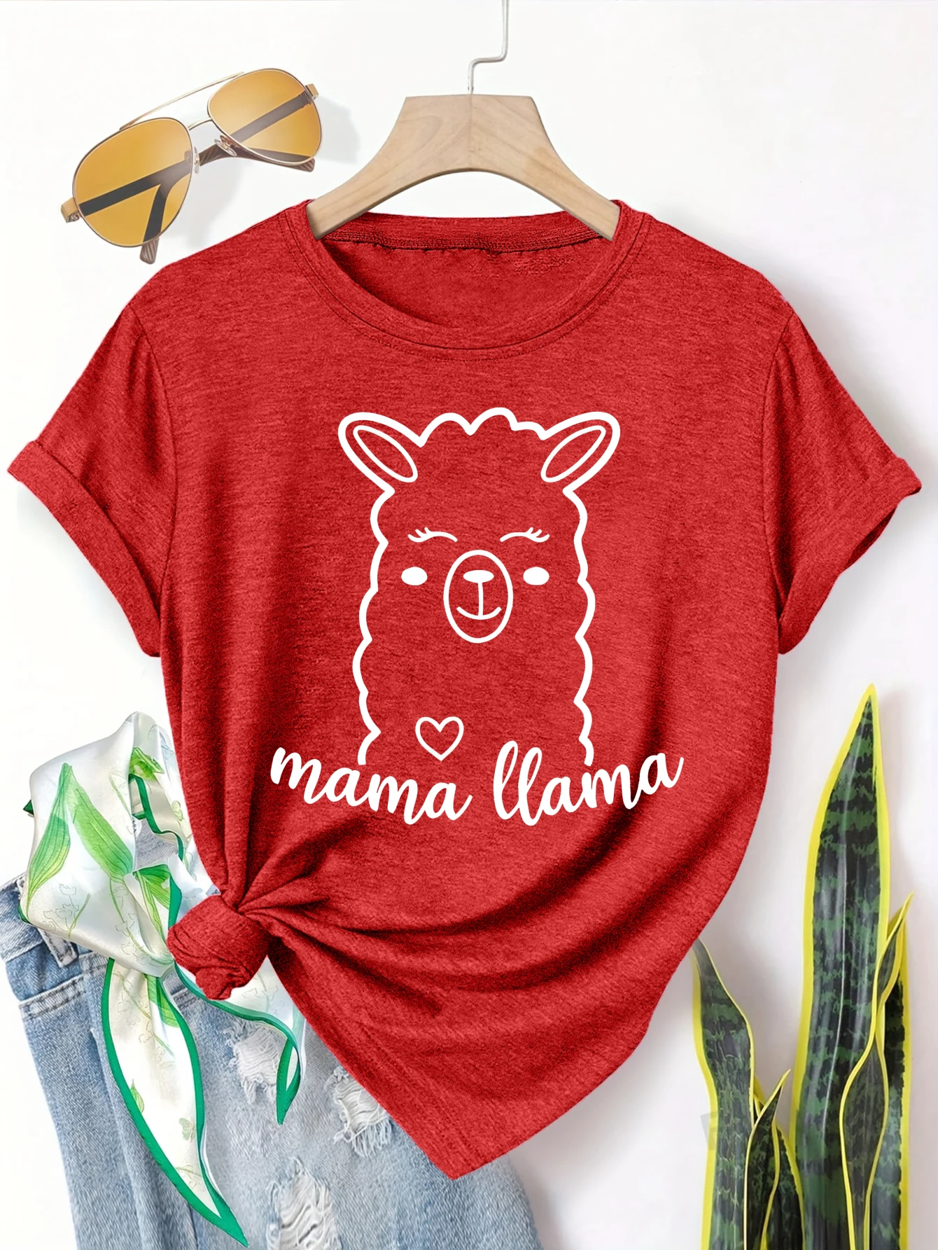 

Plus Size Women's Short Sleeve T-Shirt Mama Llama Heart Design Print Spring and Summer Essentials summer outfits women's