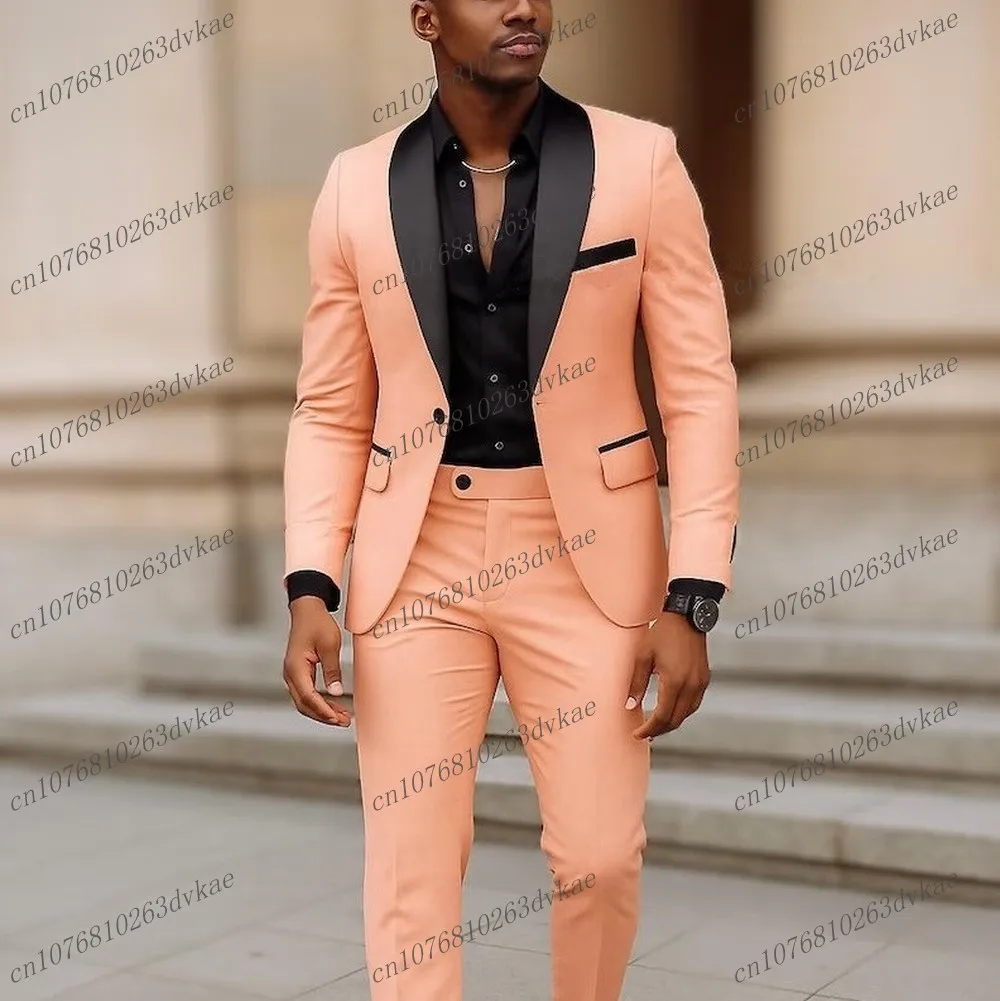 

Black Collar Light Orange Men Suit Wedding Party Formal Groom Groomsman Prom Business Male Tuxedos 2 Piece Set Jacket Pants