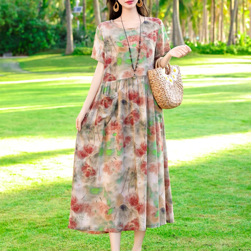 Vintage Blumen druck Sommerkleid Frauen Boho Kurzarm langes Kleid O-Ausschnitt Kragen lässig plus Größe Kleider Robe