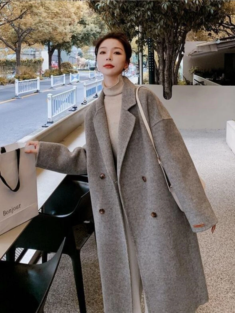 Winter Wool Double Sided Coats Women 2023 Autumn Double Breasted Lapel Long Warm Overcoat Office Lady