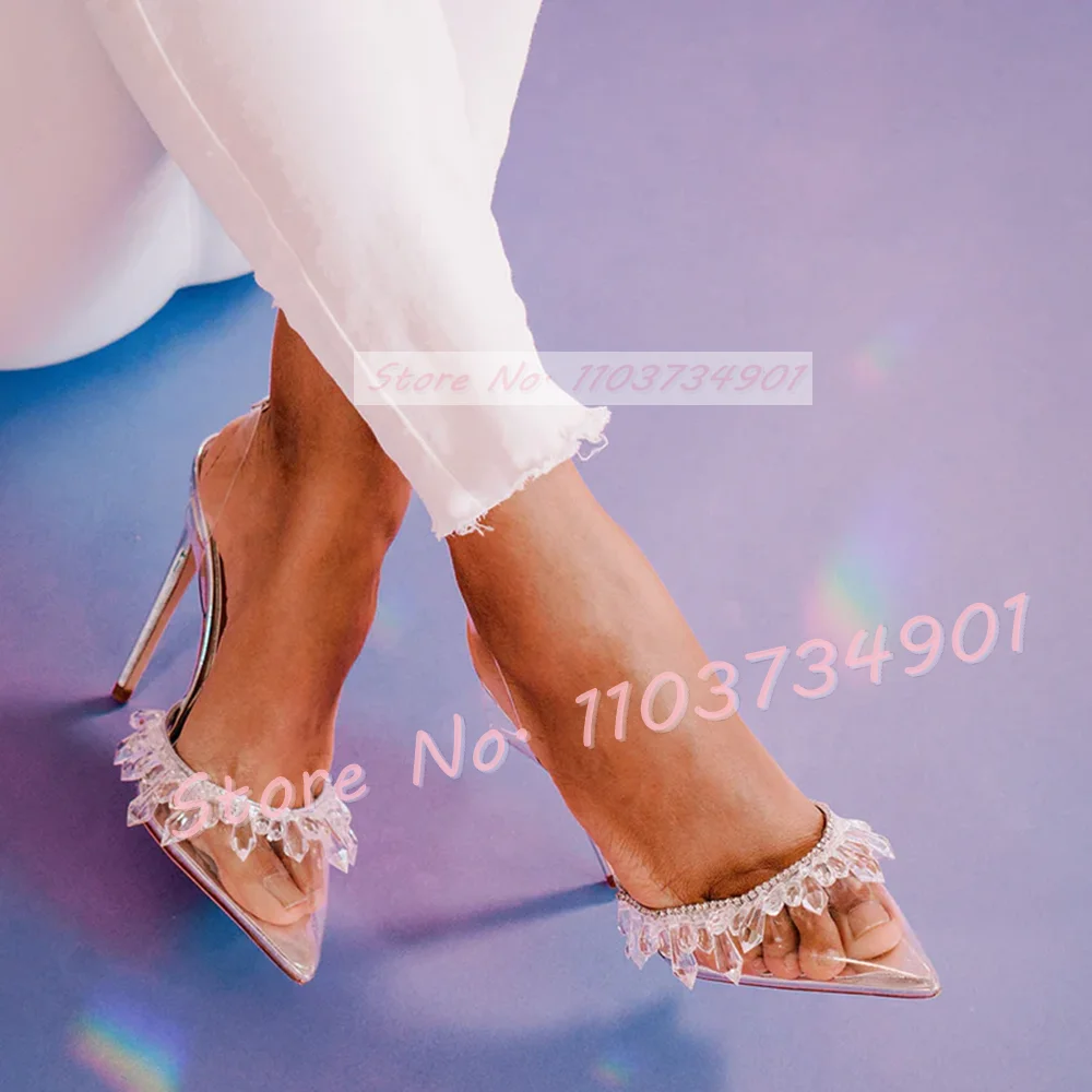 Purple Transparent Pearl Heeled Sandals Girls Elegant Rhinestones Pointy Toe Shoes Party Sexy Crystals Women Ankle Strap Sandals