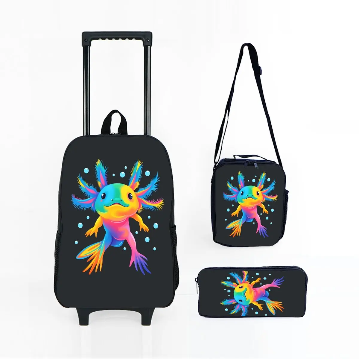 

Набор школьных сумок на колесиках с принтом мексиканского ахолотла: рюкзак-тележка, сумка для обеда и пенал для девочек/мальчиков