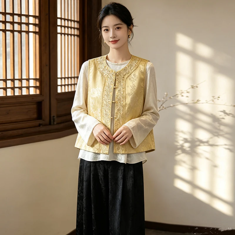 New Chinese Style Autumn Heavy Embroidery round Neck Vest Vintage Long Sleeve Bottoming Wide Leg Pants Set Women's Fashion