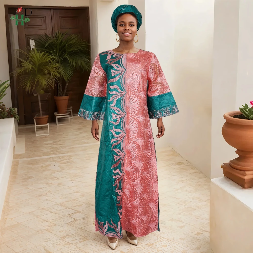 African Clothes Plus Size For Women Elegant Dresses Bazin Riche Lace Spliced Gown Embroidery Party Wedding Traditional Wear 2025