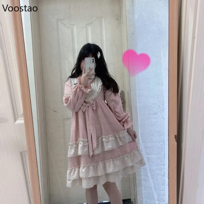 Japanese Sweet Lolita Dress Women Harajuku Pink Bow Ruffles Lace Princess Kawaii Party Dresses Cute Girls Student Loose Vestidos