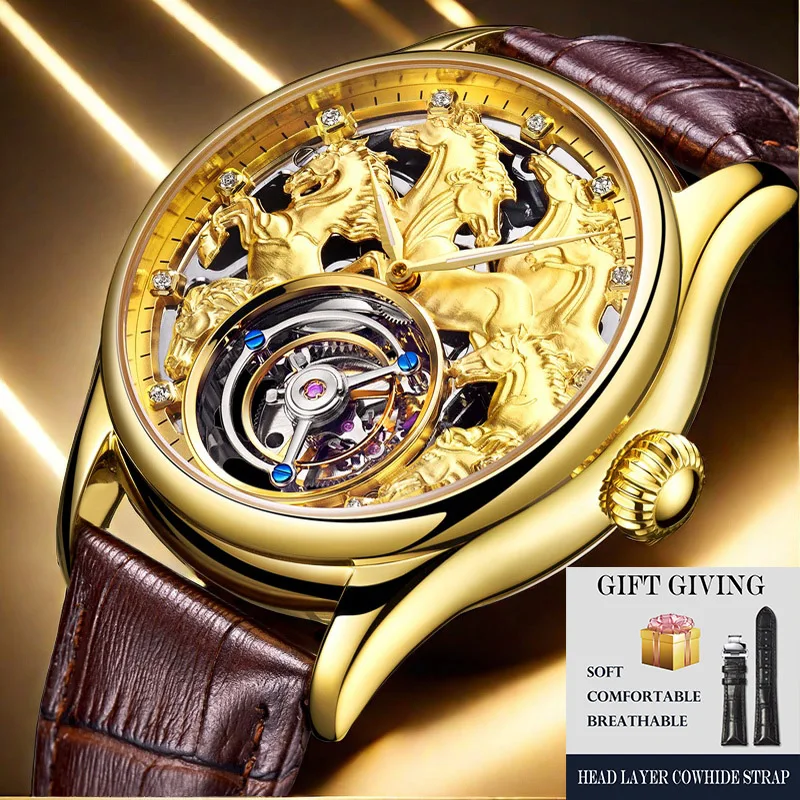 

2025 Aesop действительно механические часы с турбийоном для мужчин, восемь лошадей, стильные водонепроницаемые наручные часы, стильный роскошный циферблат со скелетом R