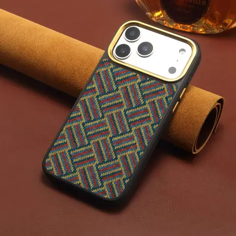 Cork Synthetic Leather Case for iPhone 17 Pro Max 18 16 15 Metal Lens Frame Magnetic Wireless Charging Embroidery Pattern Cover