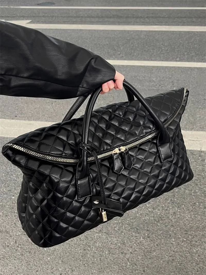 Travel Black Handle Shoulder Bags Purse Women Diamond Pattern Shopping Handbag Messenger Bag Ladies Vintage Fitness Tote Bag y2k