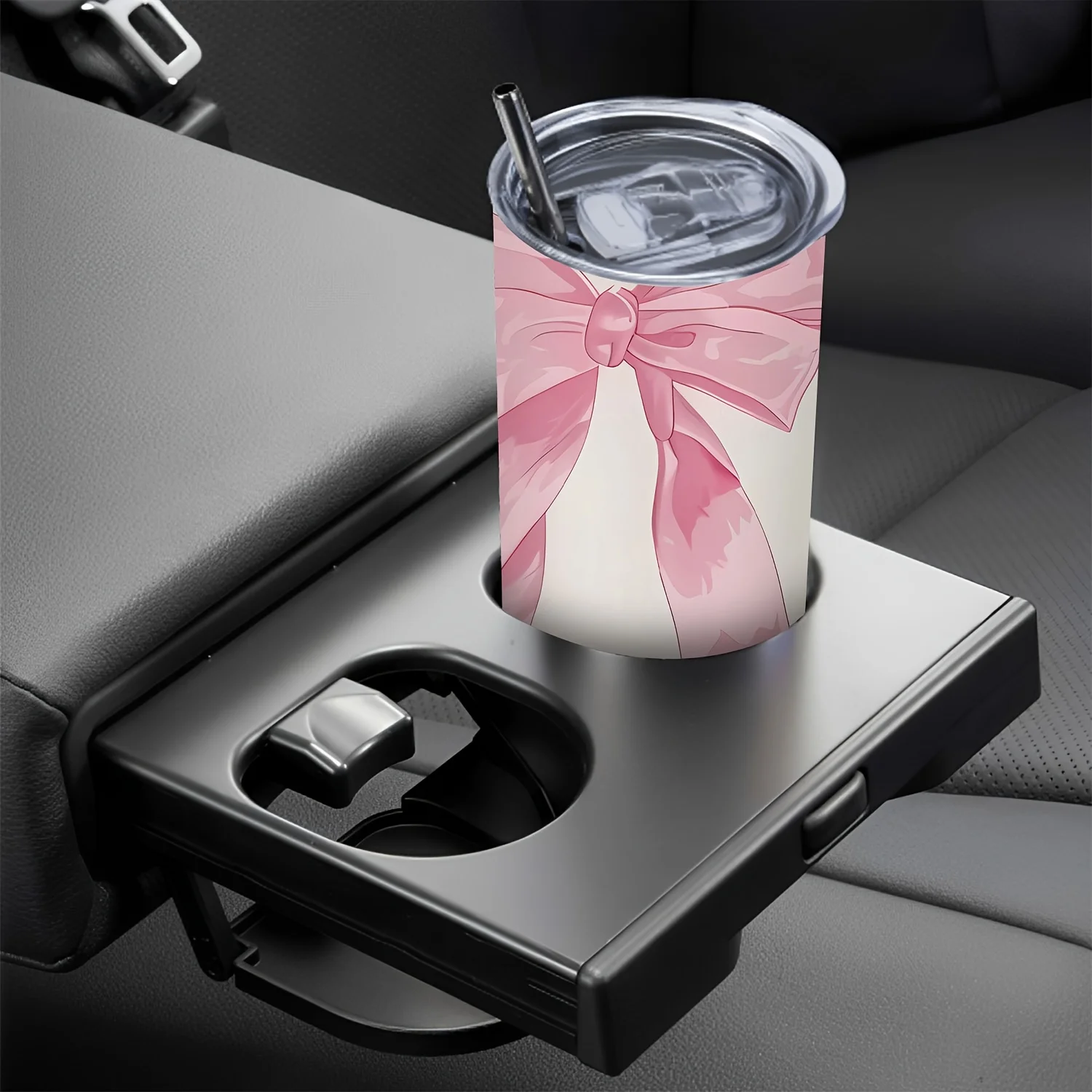 1pc 20oz Stainless Steel Insulated Tumbler with Pink Ribbon Bow Print Design, Double-Wall Vacuum Insulated Cup with Lid, Leak-Proof Thermos Suitable for Hot and Cold Drinks with Straw, Reusable, Featuring Bows of Various Sizes, Gift for Family