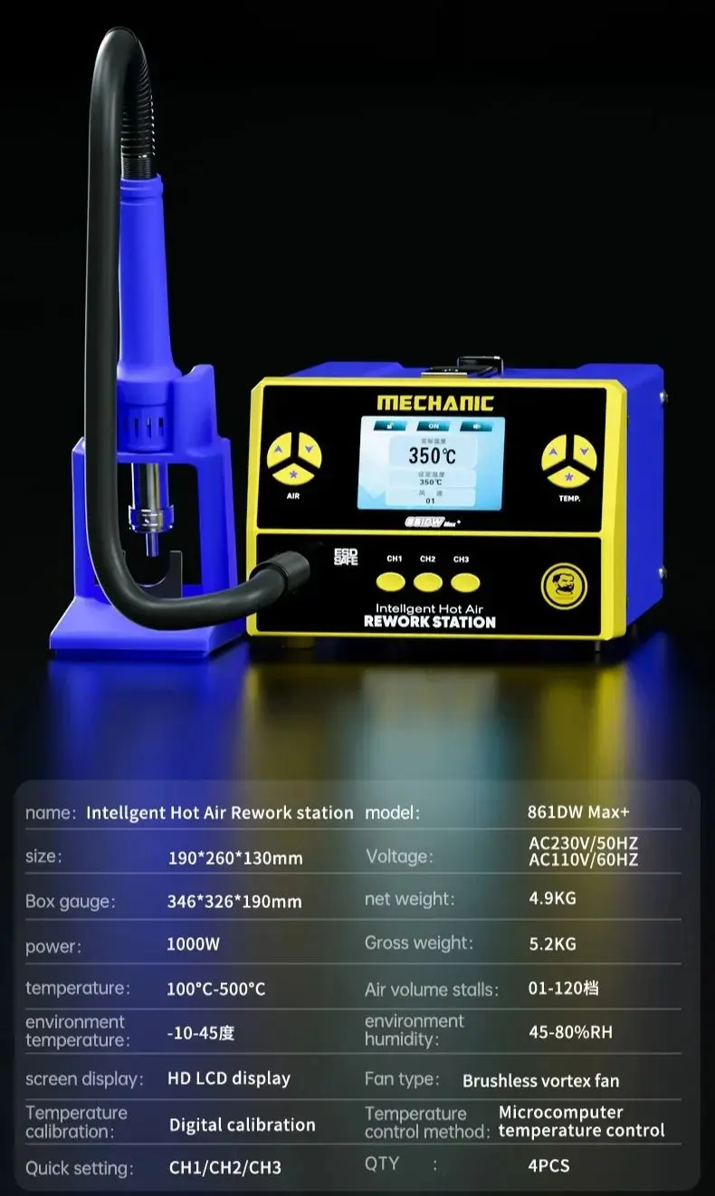 MECHANIC 861DW Max+ Rework Hot Air Gun for Phone Motherboard Repair 1000W Soldering Station PCB Welding Desoldering Tool