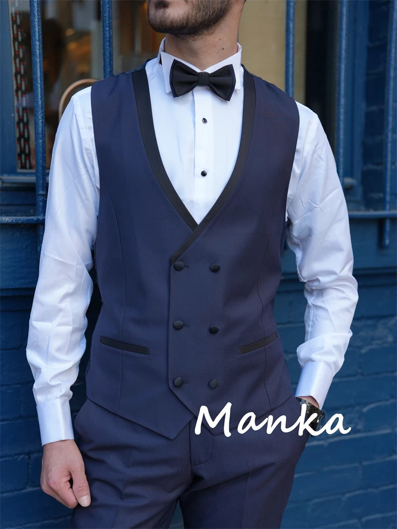 Esmoquin azul marino para hombre, traje de novio, cuello de Golondrina, chaqueta ajustada de estilo italiano, chaleco, pantalones, trajes formales de oficina de negocios