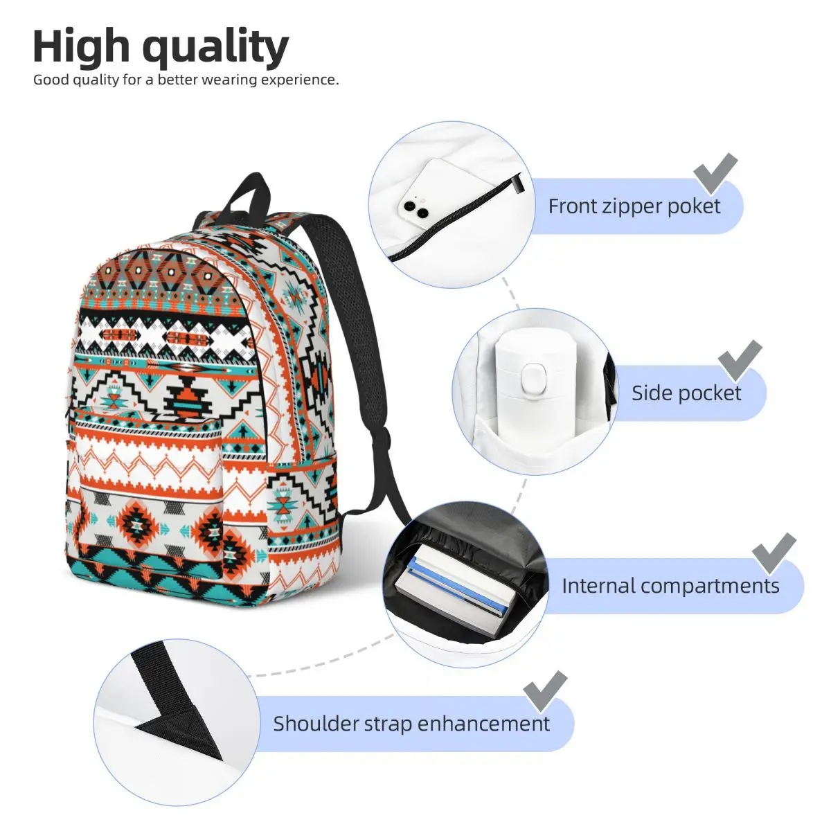 Mochila colorida antiga para homens e mulheres, asteca, tribal, indiana, mochila adolescente, durável, estudante, negócios, mochila norte-africana, bolsa para laptop