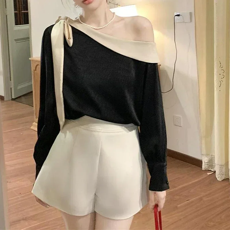 Bow Contrast Patchwork Elegant Blouse Women Clothing Spring Autumn 2025 Long Sleeve Loose Temperament Shirt Tops Fashion Korean
