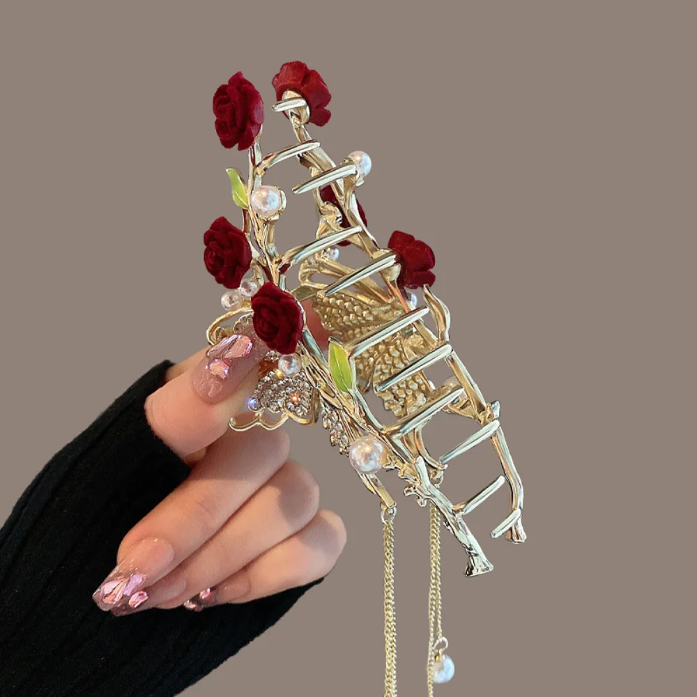 New Fashion Antique Red Rose Butterfly Tassel Hair Clip Female Back Head Large Grab Clip Advanced Sense Shark Clip Headwear