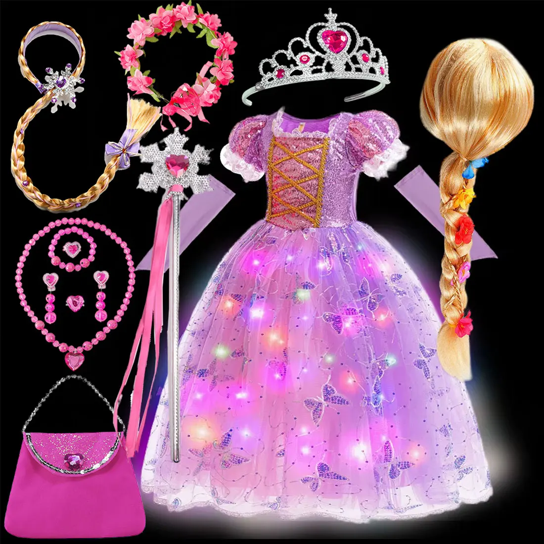Vestido de manga corta de Disney Tangled Rapunzel con mangas, vestido brillante para niñas, vestido de baile, conjunto de ropa de cosplay de Navidad para niños pequeños, 2-10T