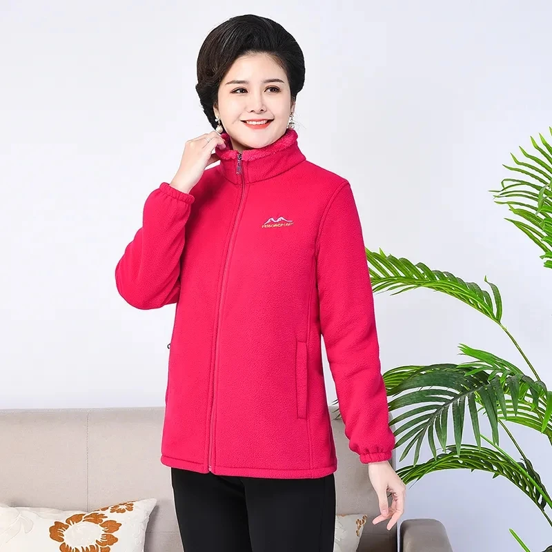 Spring Autumn Mother\'s Coral Velvet Fleece Stand collar Jacket Thicken Slim Warm Coat Casual Women\'s Zipper Sweatshirts tops