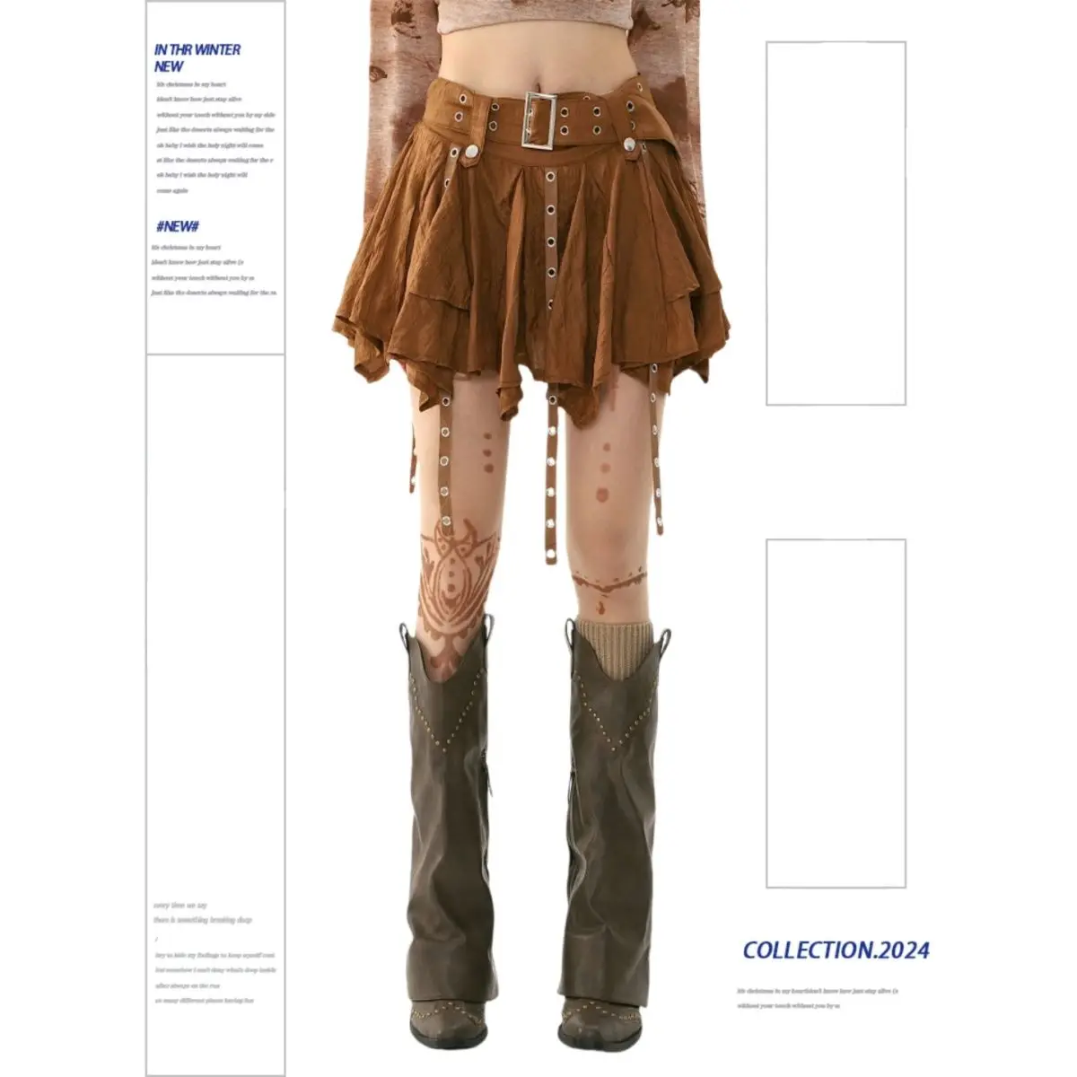 Retro Irregular Ruffled Skirt Y2k American Hot Girl Sexy Women Ribbon Pleated Short Skirt Maillard Color High Street Design